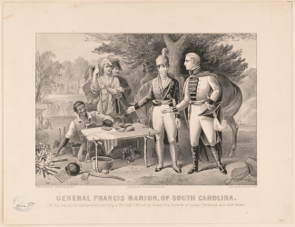 Drawing of Francis Marion in Swamp Headquarters