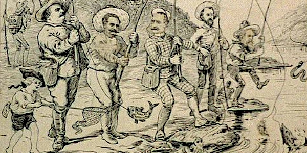 Political cartoon of young George fishing along with other future politicians