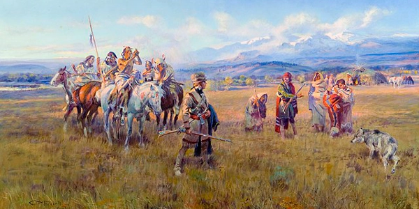 Lewis and Clark with Sacagawea at Shoshone Village